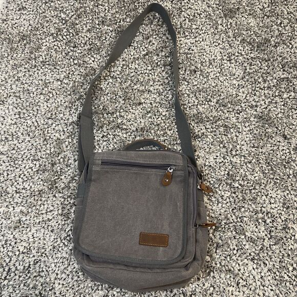 Plambag Messenger Bag Unisex Gray/Brown Canvas Travel Crossbody Organizer
